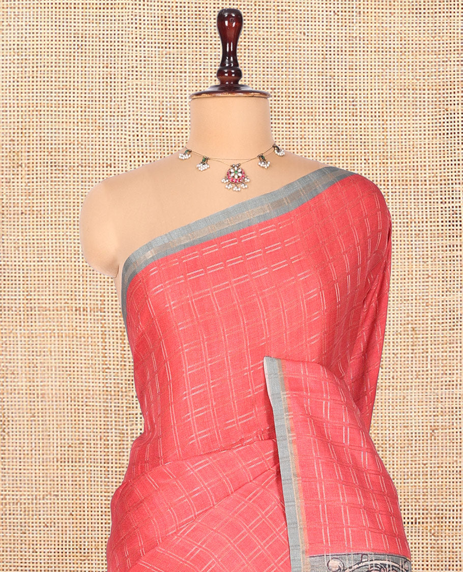 Dark Peach Fancy Tussar Silk Saree, Graced with Checked Design, Contrast Zari Piping Border, Kalamkari Pallu, and Contrast Kalamkari Printed Blouse