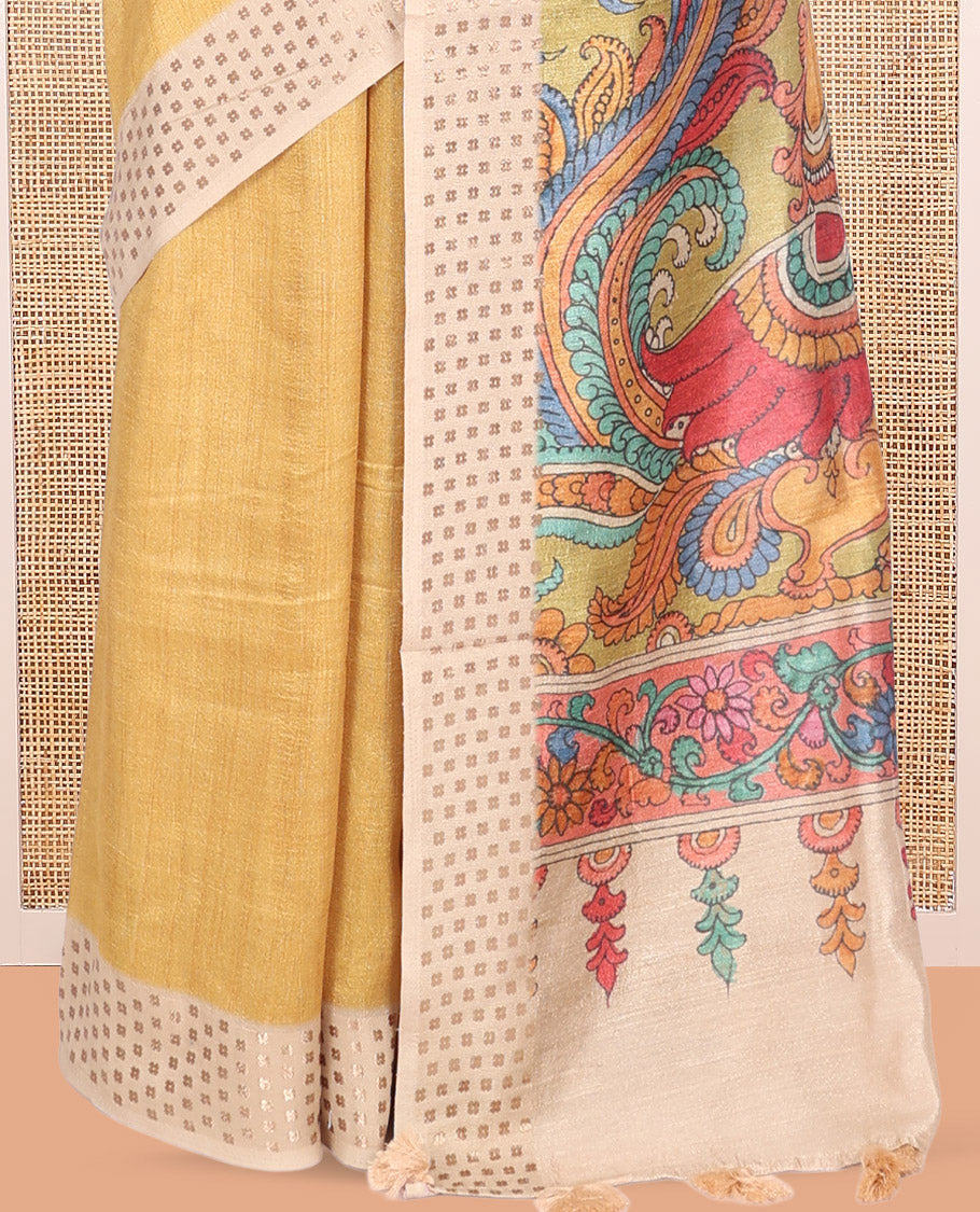Mustard Plain Fancy Tussar Saree, Complemented by a Contrast Hashtag Motif Border, Kalamkari Flora-Fauna Printed Pallu, and a Contrast Blouse
