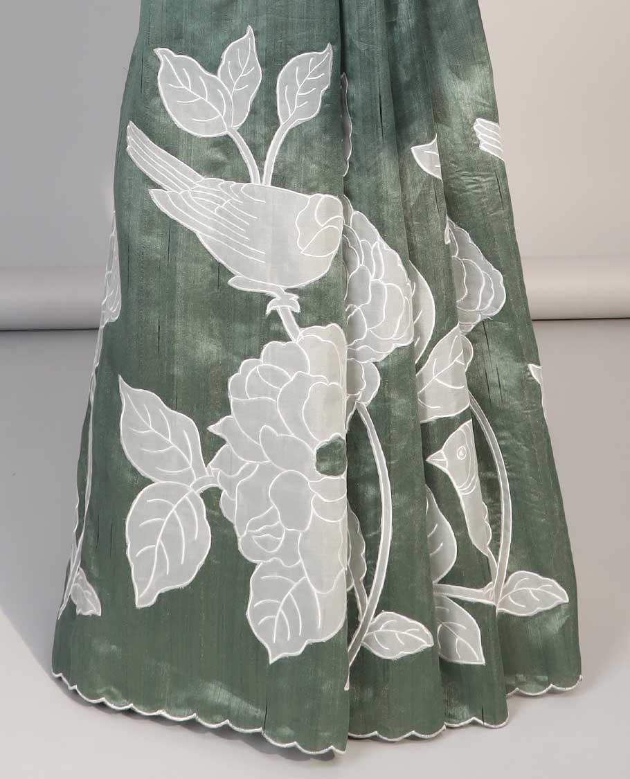 Green floral motifs embroidery semi- banaras tussar saree with self floral embroidery border