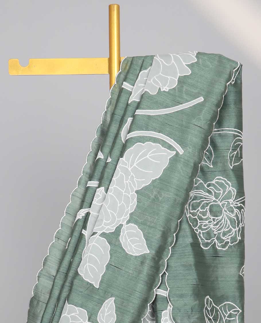 Green floral motifs embroidery semi- banaras tussar saree with self floral embroidery border