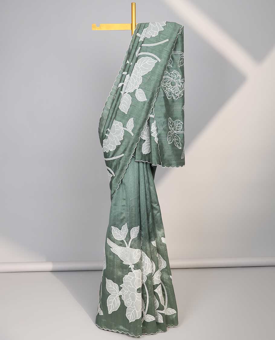 Green floral motifs embroidery semi- banaras tussar saree with self floral embroidery border