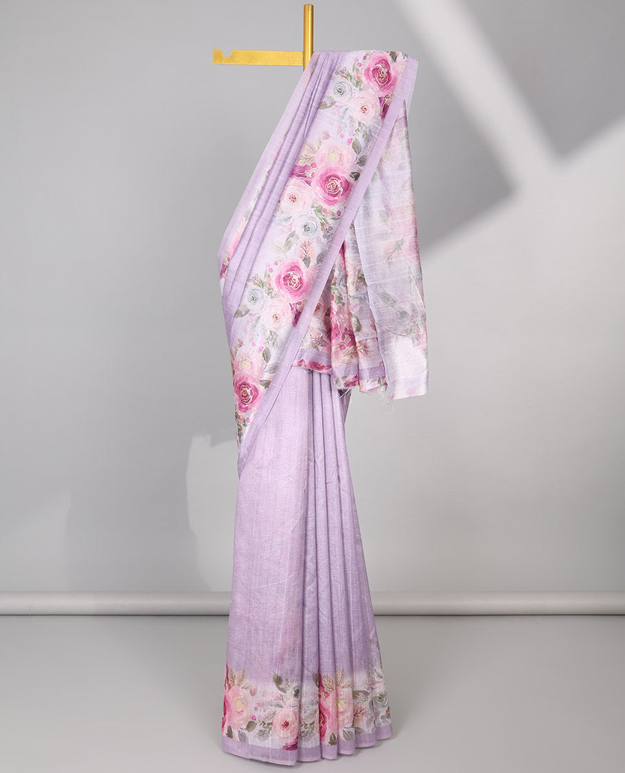 Lavender tussar silk saree with self floral design border & floral design pallu