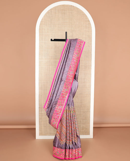 Grey mirrok work, floral butta thread embroidery tussar silk saree with contrast floral design & floral embroidery, mirror work pallu