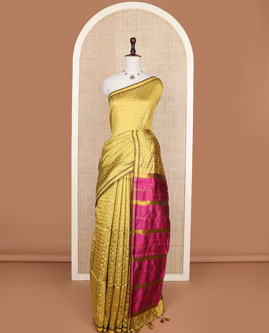 Mustard checked tussar silk saree, zari border & contrast striped pallu