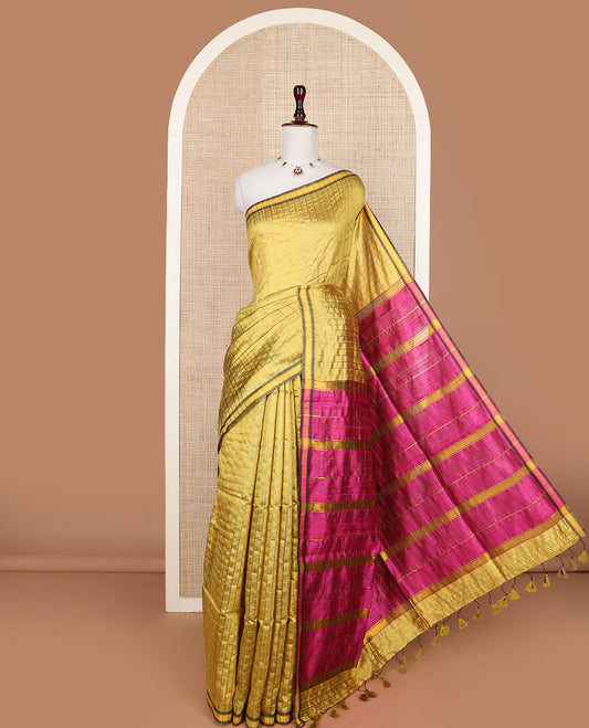 Mustard checked tussar silk saree, zari border & contrast striped pallu