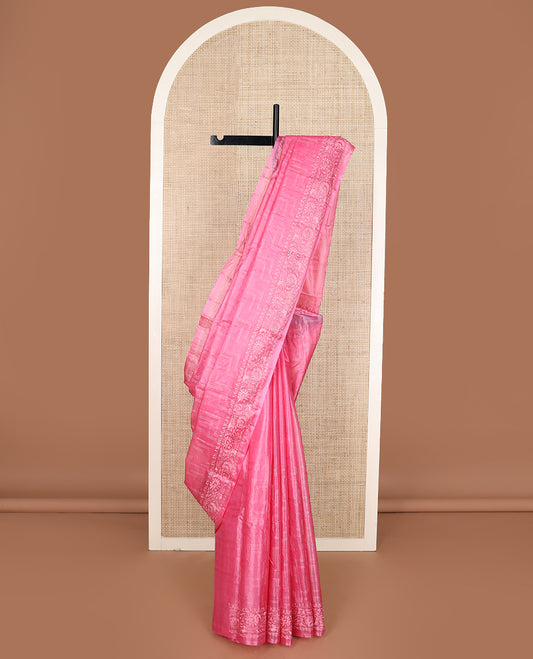 Pink maze patterned thread embroidered tussar saree, floral creeper thread embroidered border