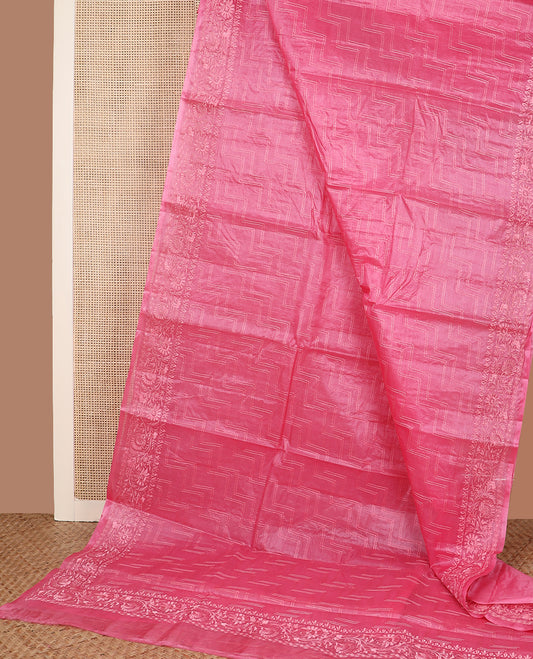 Pink maze patterned thread embroidered tussar saree, floral creeper thread embroidered border
