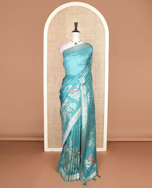 Blue Matka silk saree with polka dots and birds on the branches meenakari design, geometric border, and pallu mirrors the same design