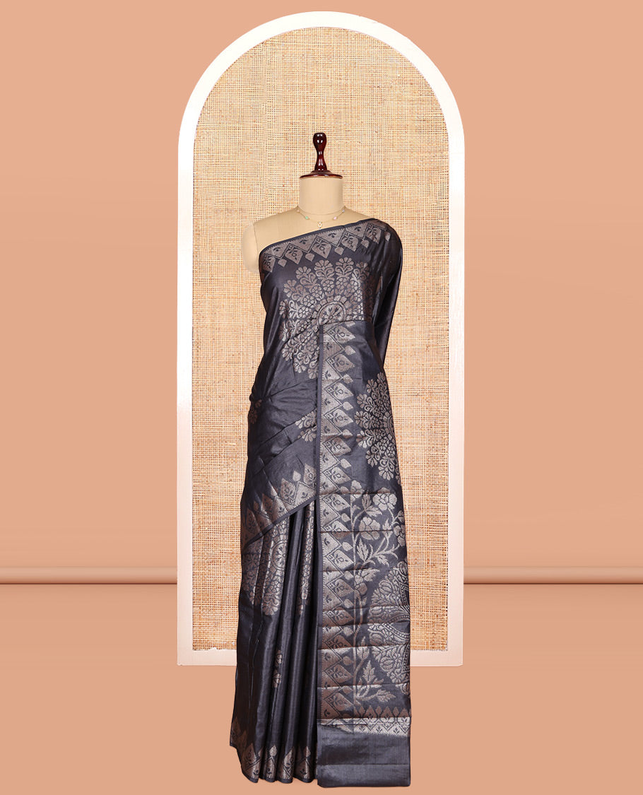 Elephant Grey Tusser Silk Saree, Detailed with Rangoli-Style Designs, a Zari Border, Grand Pallu, and a Matching Blouse