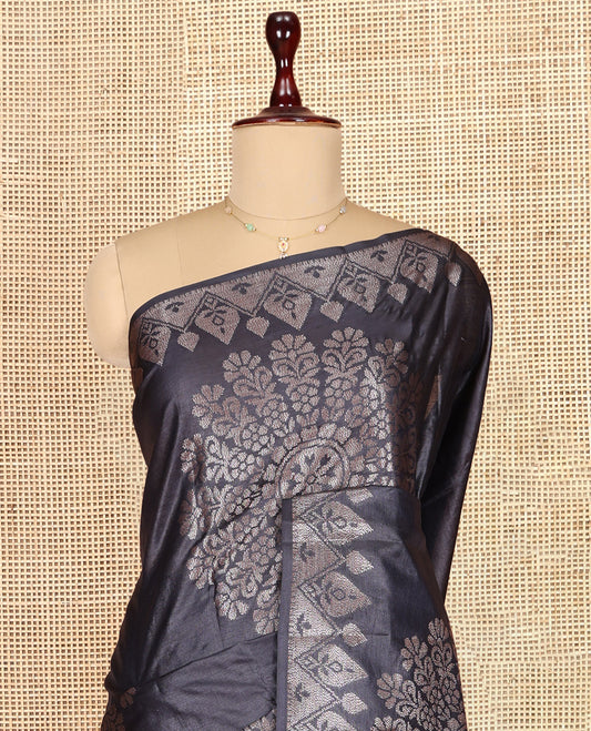 Elephant Grey Tusser Silk Saree, Detailed with Rangoli-Style Designs, a Zari Border, Grand Pallu, and a Matching Blouse