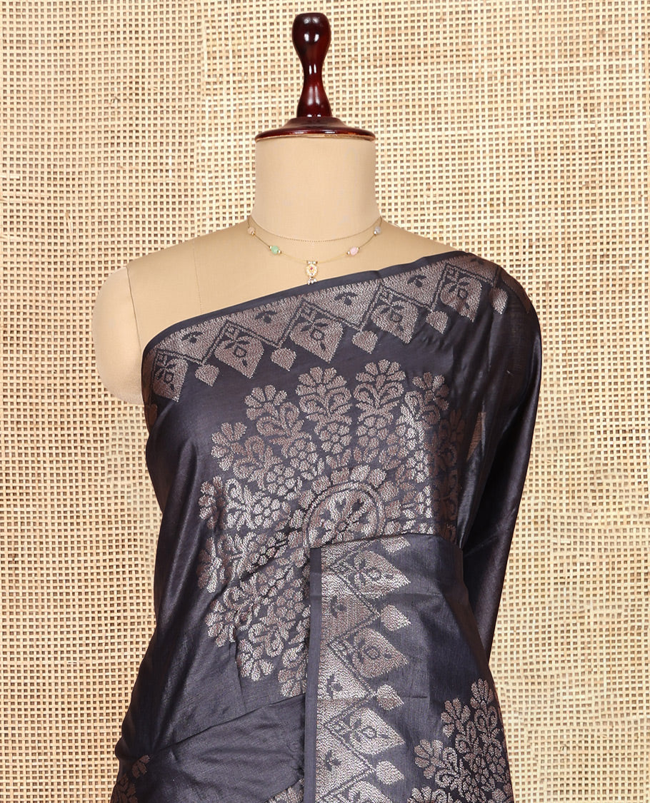 Elephant Grey Tusser Silk Saree, Detailed with Rangoli-Style Designs, a Zari Border, Grand Pallu, and a Matching Blouse