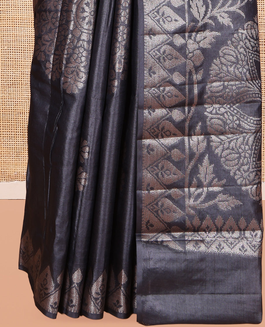 Elephant Grey Tusser Silk Saree, Detailed with Rangoli-Style Designs, a Zari Border, Grand Pallu, and a Matching Blouse