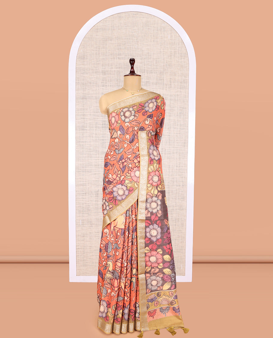 Peach Kalamkari Printed Fancy Tussar Saree