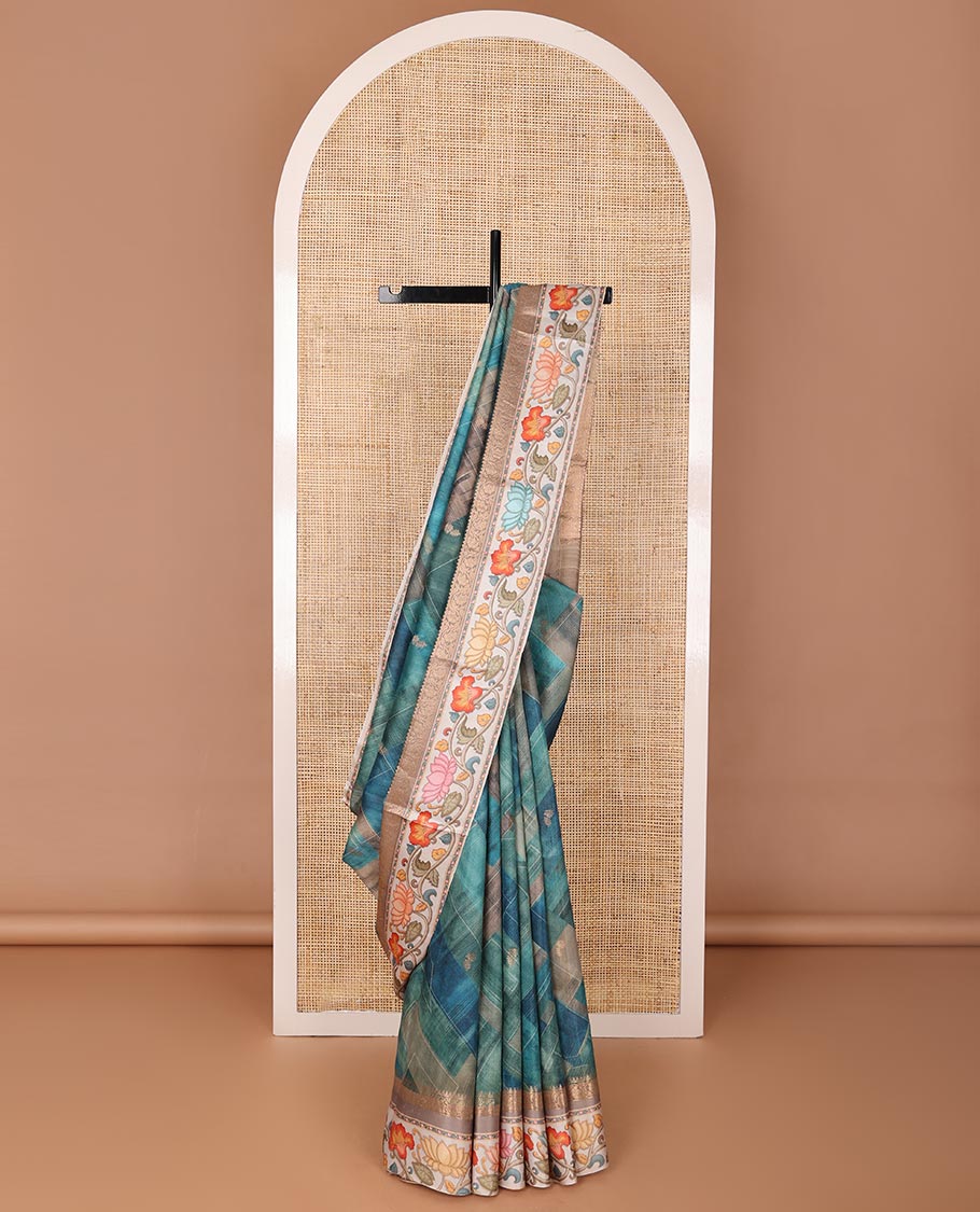 Blue checks printed & buttas Tussar silk saree, contrast border of traditional zari work & floral creeper print & zari woven pallu