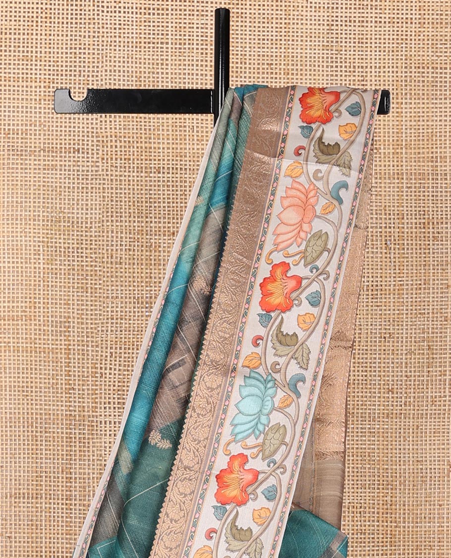 Blue checks printed & buttas Tussar silk saree, contrast border of traditional zari work & floral creeper print & zari woven pallu