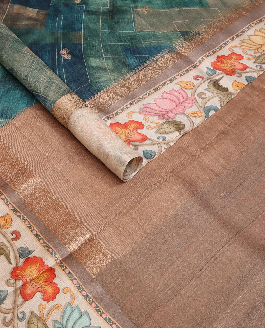 Blue checks printed & buttas Tussar silk saree, contrast border of traditional zari work & floral creeper print & zari woven pallu