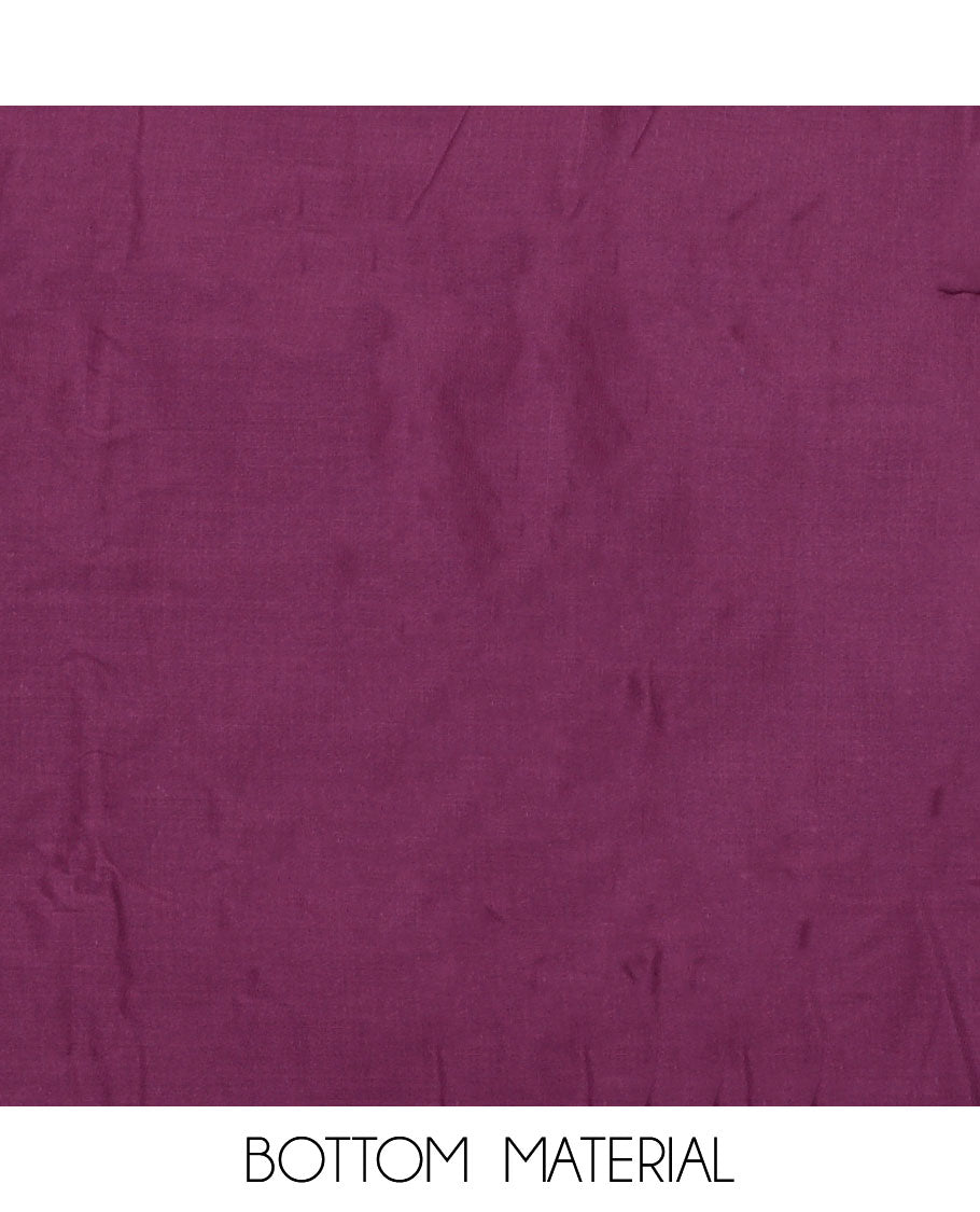 Purple material chudidar set, abstract printed with neck embroidered top, plain bottom, and contrast embroidered motifs dupatta