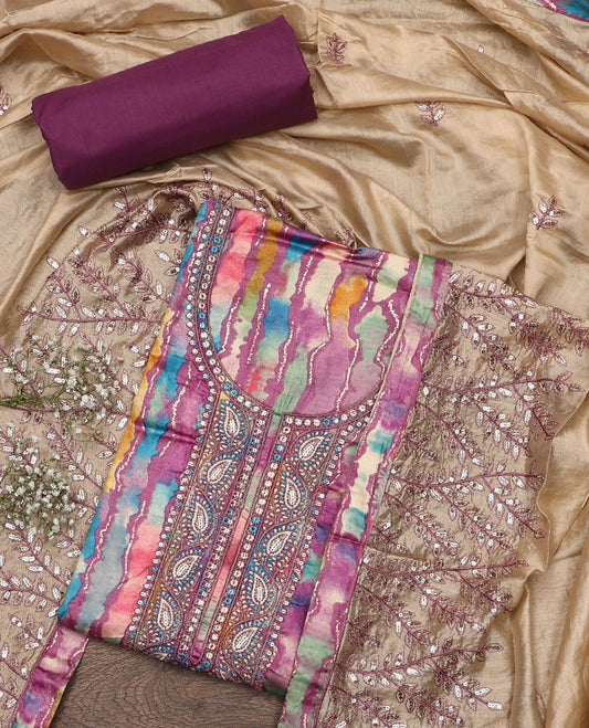 Purple material chudidar set, abstract printed with neck embroidered top, plain bottom, and contrast embroidered motifs dupatta