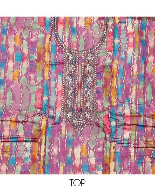 Purple material chudidar set, abstract printed with neck embroidered top, plain bottom, and contrast embroidered motifs dupatta