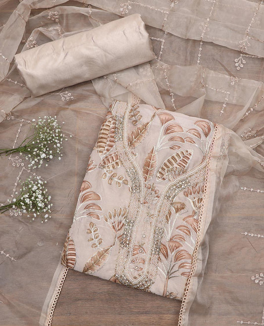 Light sandal material chudidar set, tropical printed with neck embroidered top, plain bottom, and thread embroidered dupatta