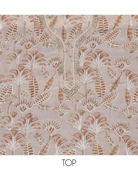Light sandal material chudidar set, tropical printed with neck embroidered top, plain bottom, and thread embroidered dupatta
