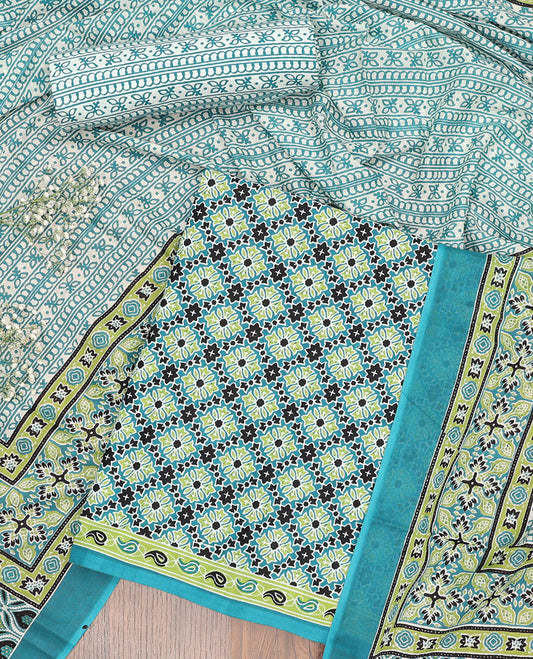 Blue chudidhar material set argyle floral design top with striped floral bottom & floral design dupatta