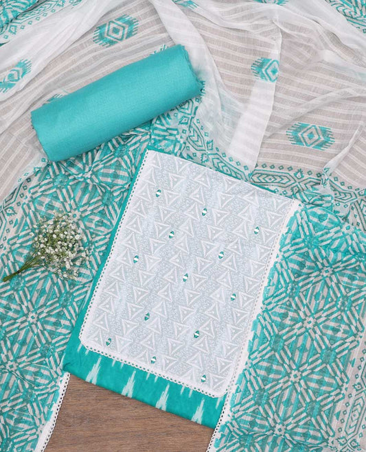 Blue chudidhar material set ikkat style design with geometric thread embroidey top , plain bottom & intricate printed design dupatta