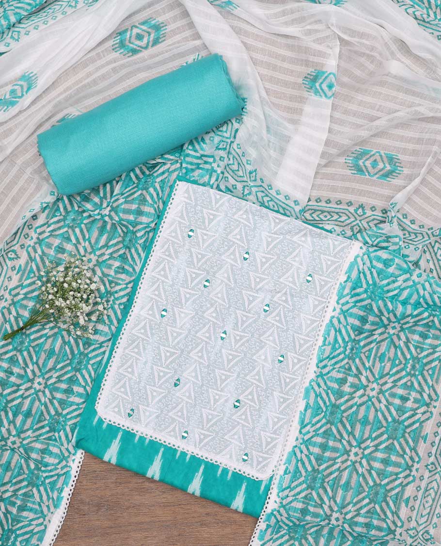 Blue chudidhar material set ikkat style design with geometric thread embroidey top , plain bottom & intricate printed design dupatta