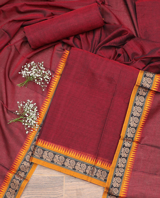 Maroon peacock, temple design chudidhar material top with plain bottom & plain, zari design border dupatta