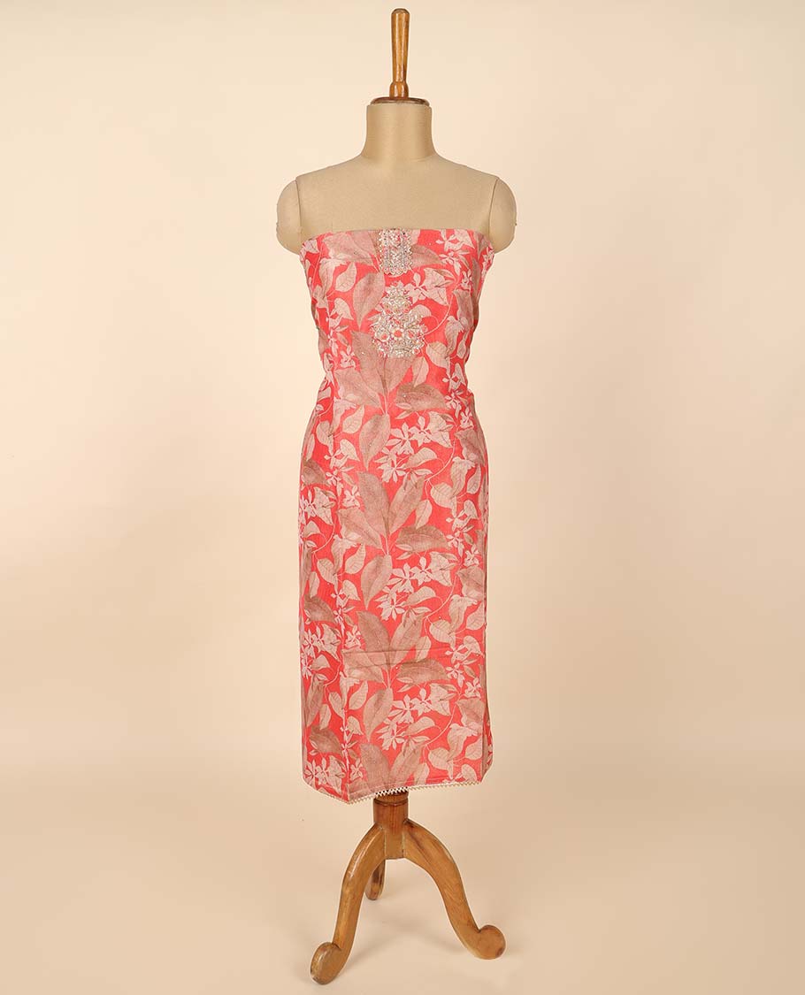Red material chudidhar set, floral print & embroidered top, plain bottom & buttas dupatta