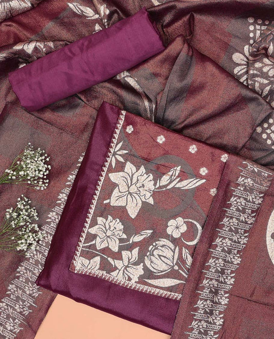 Purple chudidhar material set floral design top, plain bottom & floral design dupatta