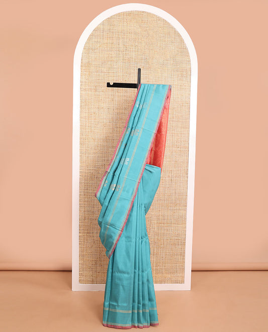 Light blue floral design uppada saree with self striped border & floral design pallu