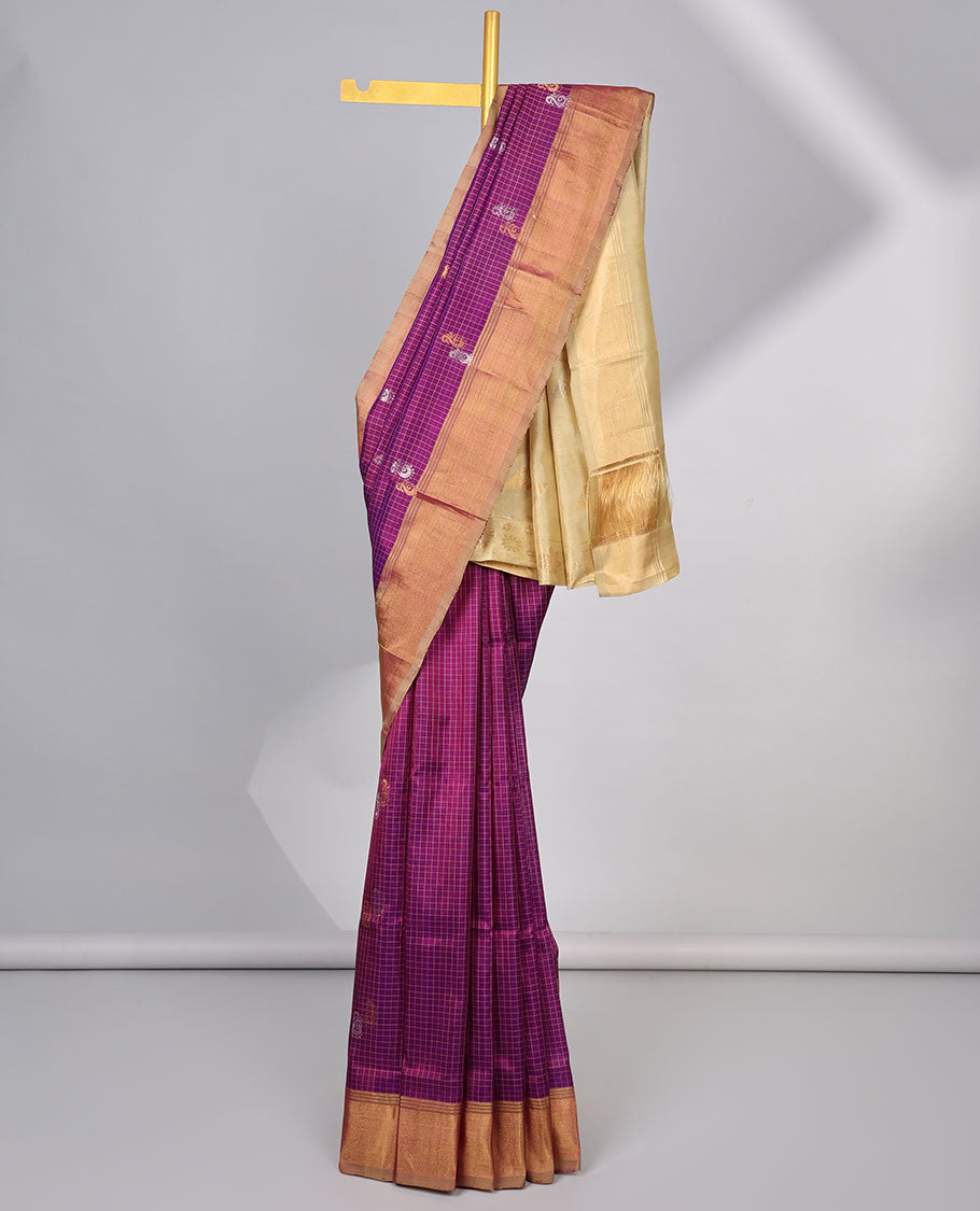 Purple checked , paisley design uppada silk saree with contrast zari border & floral buttas pallu