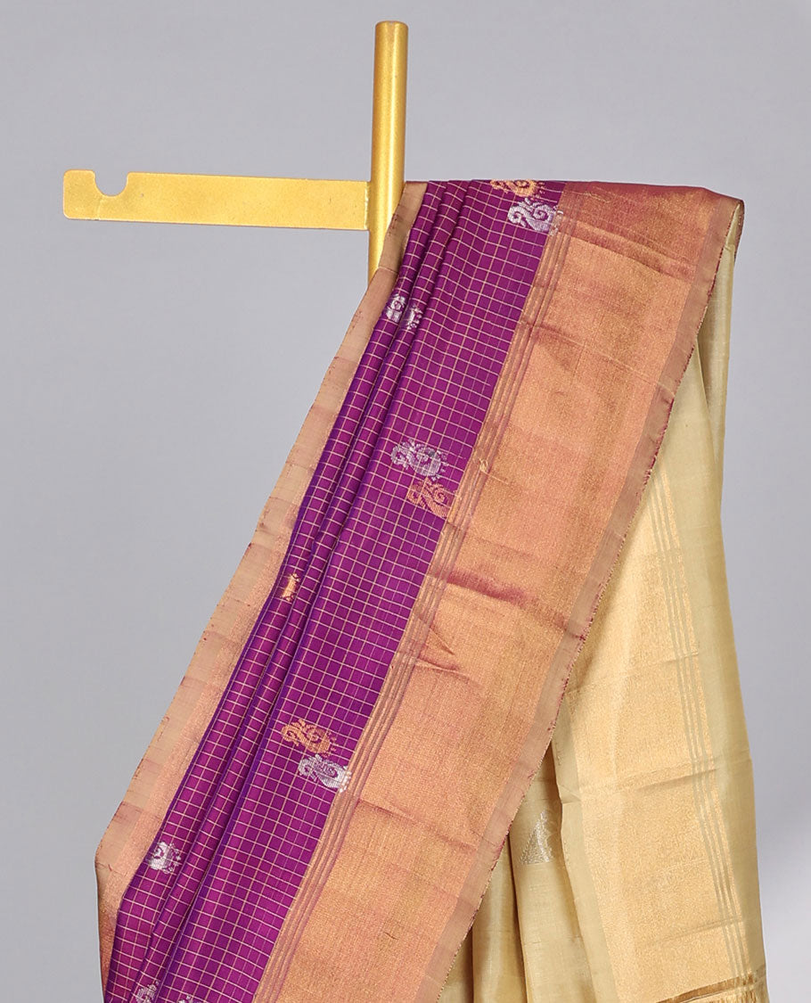 Purple checked , paisley design uppada silk saree with contrast zari border & floral buttas pallu