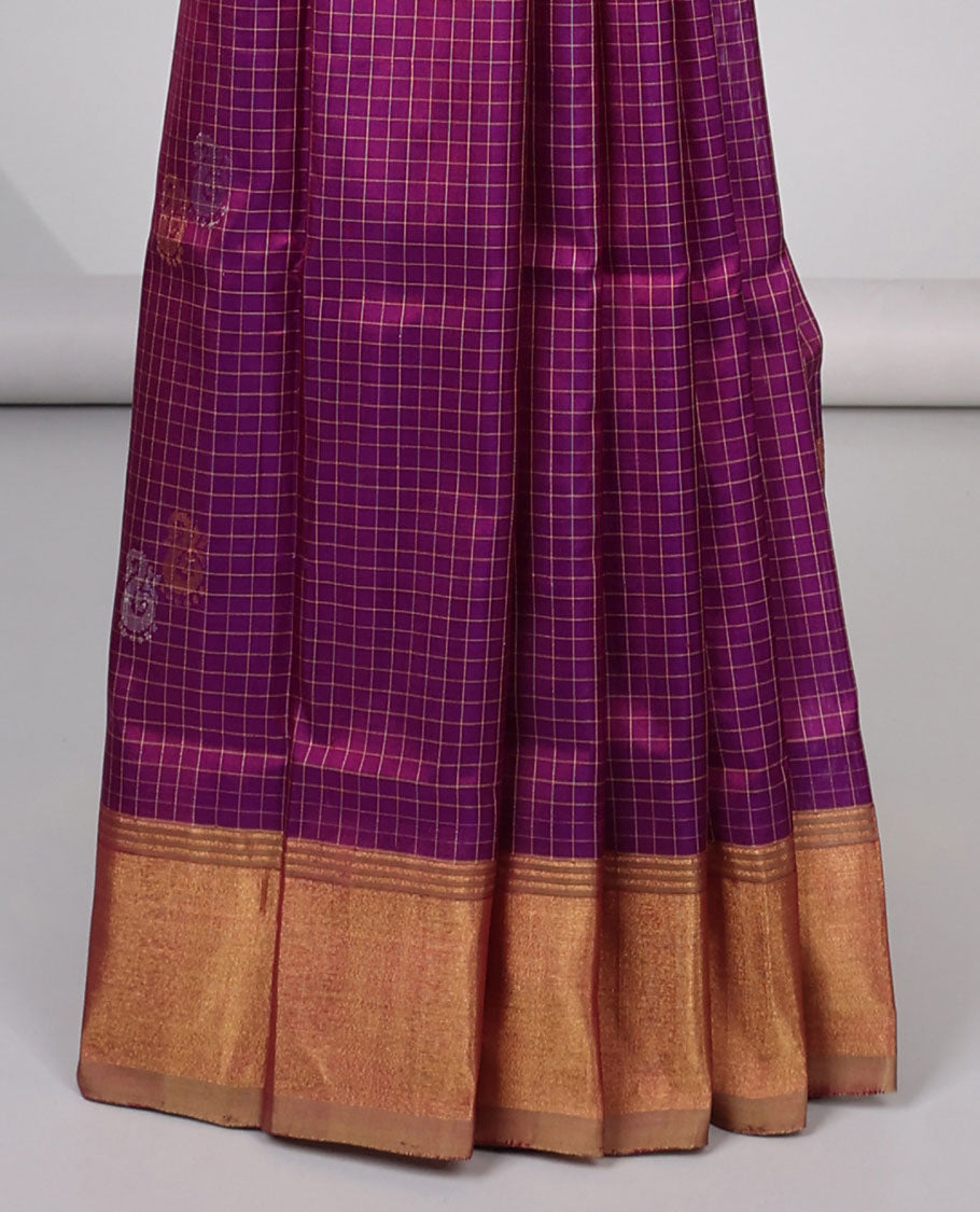 Purple checked , paisley design uppada silk saree with contrast zari border & floral buttas pallu