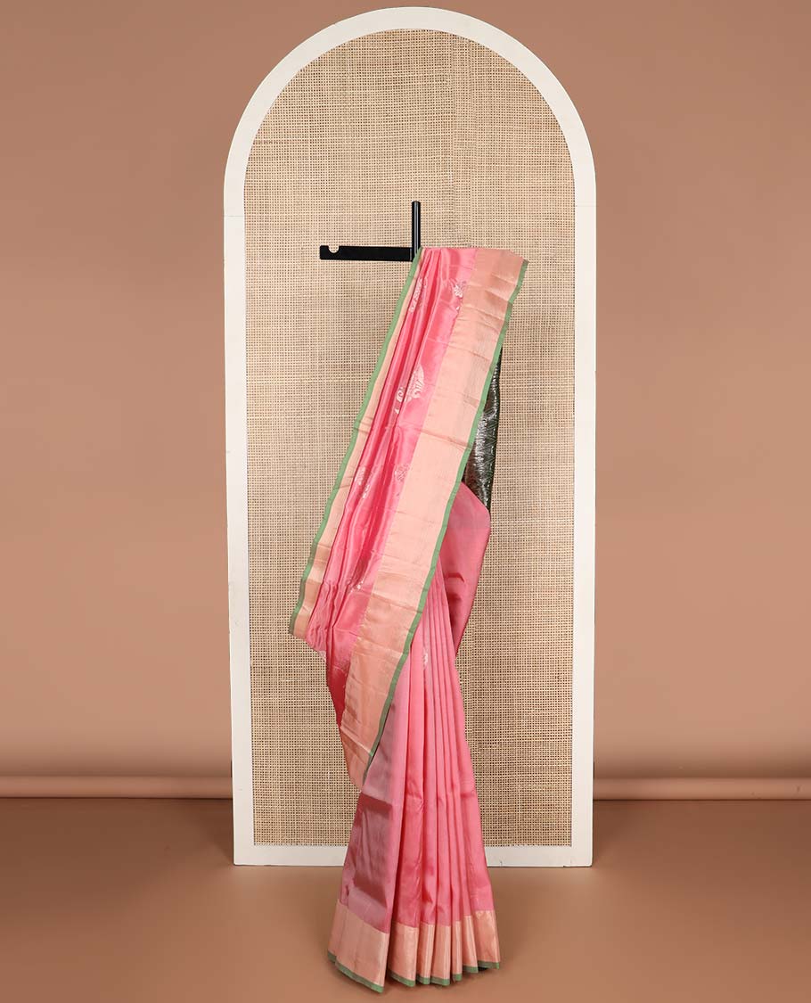Light pink motifs uppada silk saree with self zari border & floral design pallu