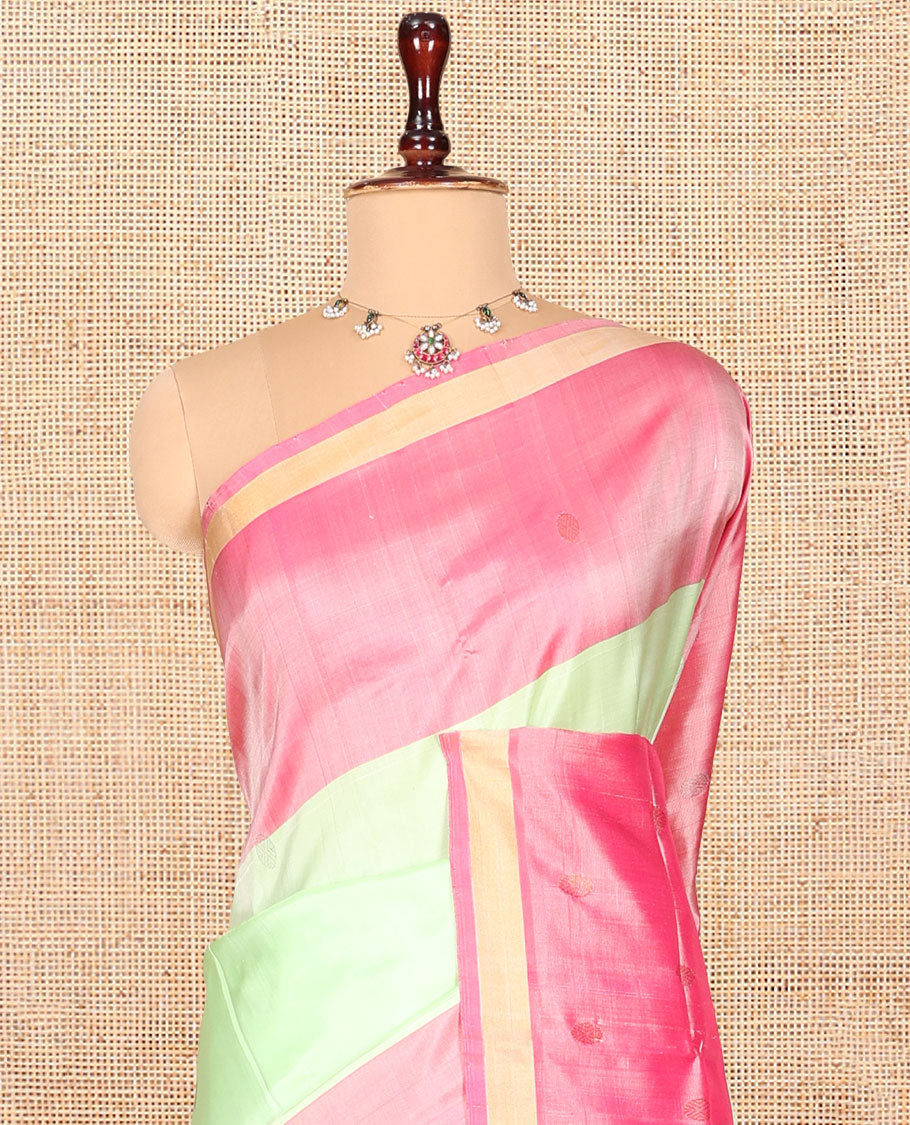 Green Uppada Silk Saree, Decked Up with Buttas, Complemented by a Contrast Buttas Border, Pallu of Zari Designs, and a Contrast Blouse