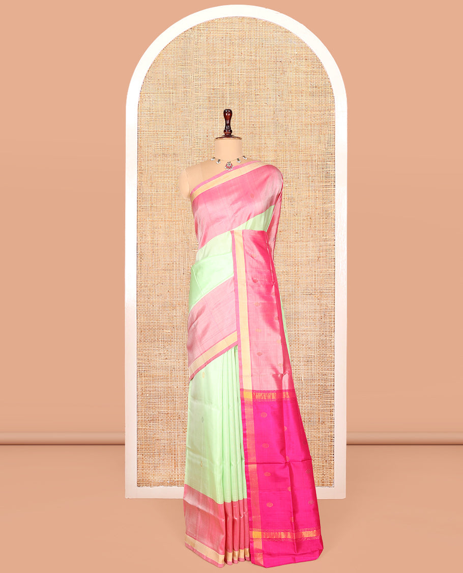 Green Uppada Silk Saree, Decked Up with Buttas, Complemented by a Contrast Buttas Border, Pallu of Zari Designs, and a Contrast Blouse