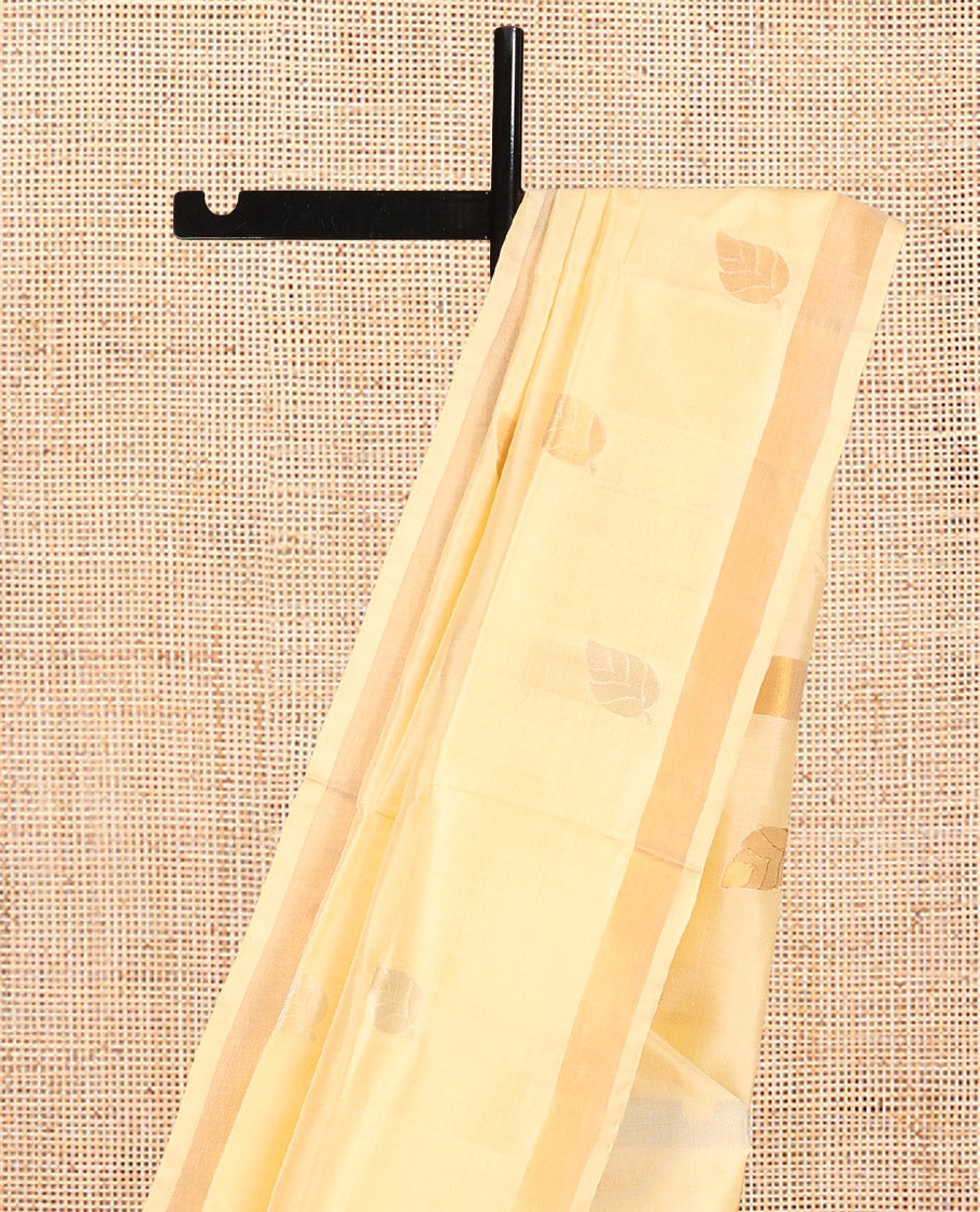 Yellow Uppada Silk Saree, Adorned with Leaf Zari Buttas, a Bavanji Border, Leaf Woven Pallu, and a Matching Blouse