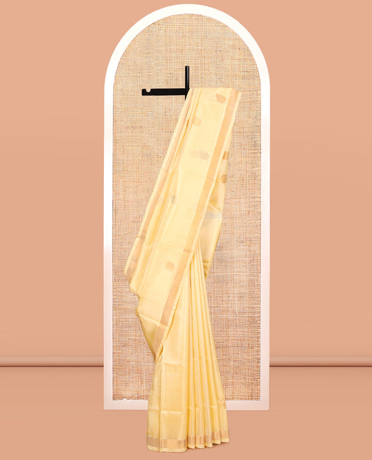 Yellow Uppada Silk Saree, Adorned with Leaf Zari Buttas, a Bavanji Border, Leaf Woven Pallu, and a Matching Blouse