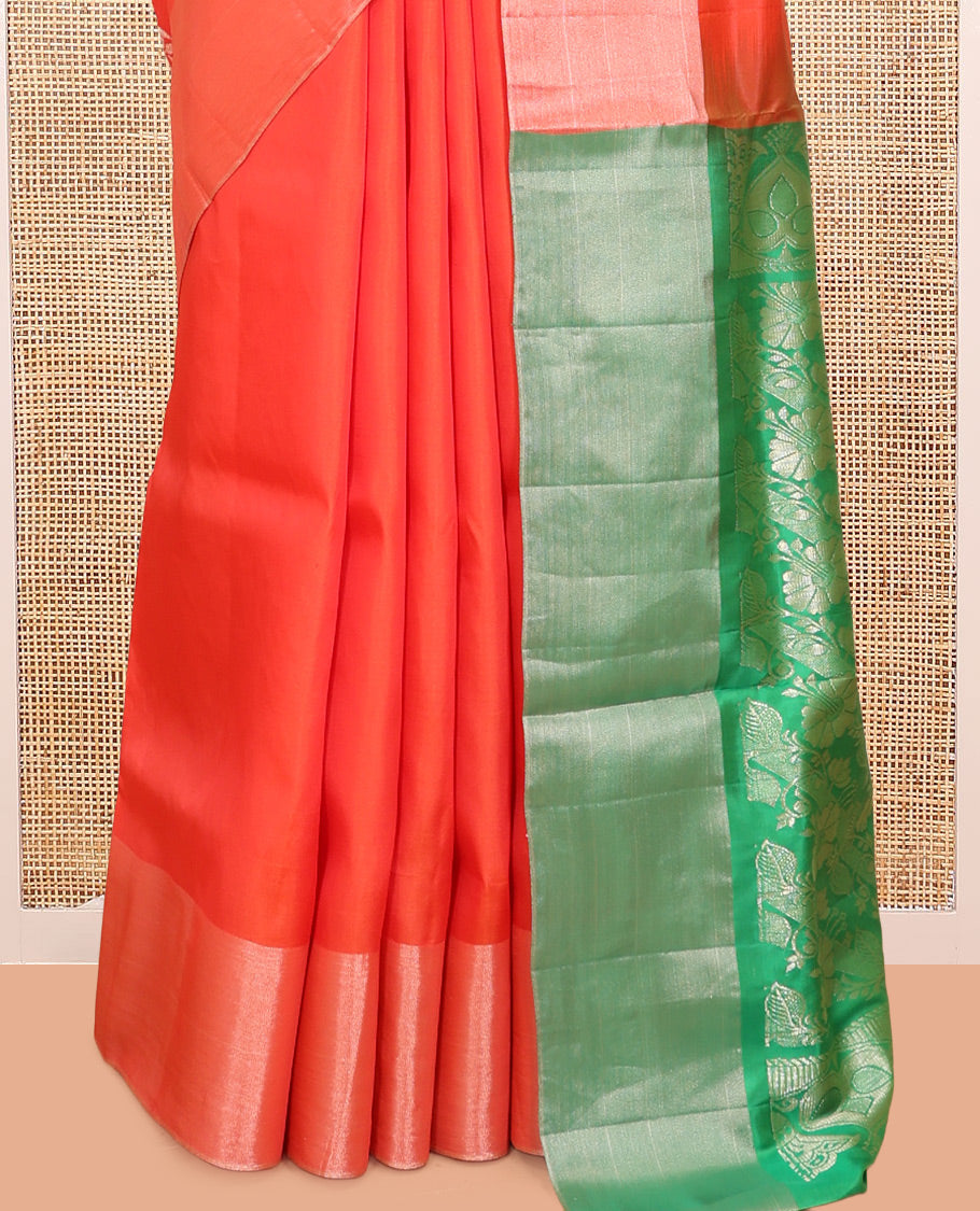 Orange Semi Uppada Saree, Elevated with Zari Buttas, a Bavanji Border, Contrast Floral Pallu, and a Contrast Blouse