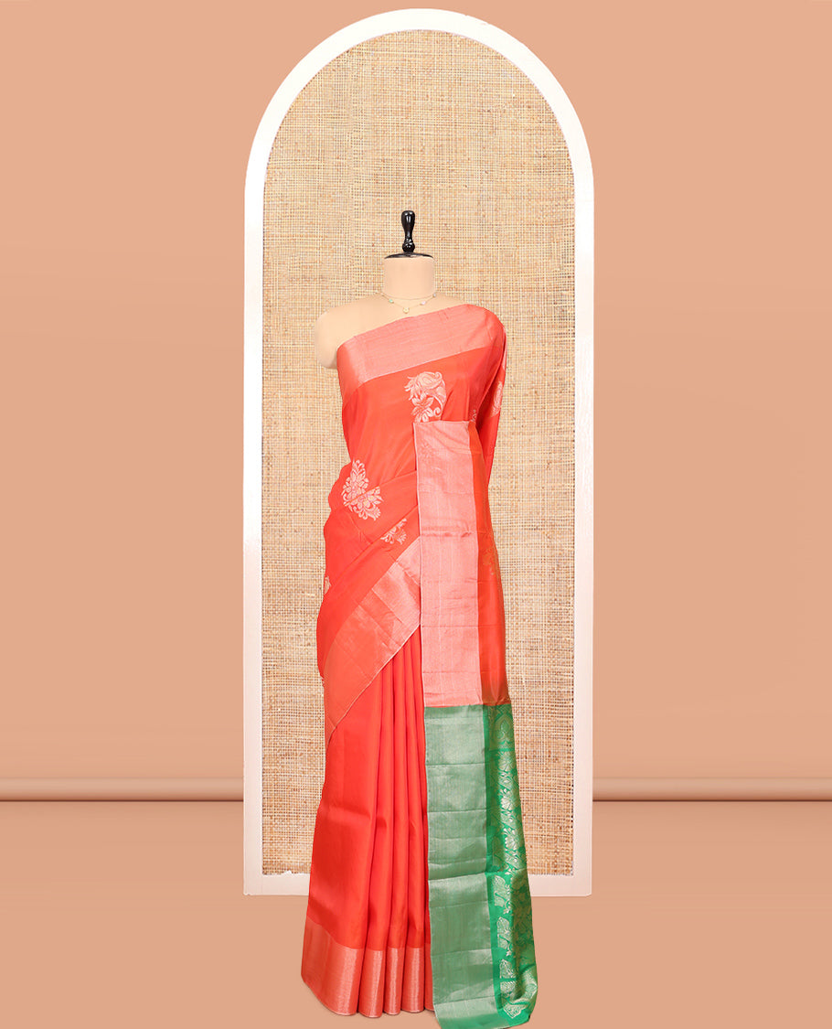 Orange Semi Uppada Saree, Elevated with Zari Buttas, a Bavanji Border, Contrast Floral Pallu, and a Contrast Blouse