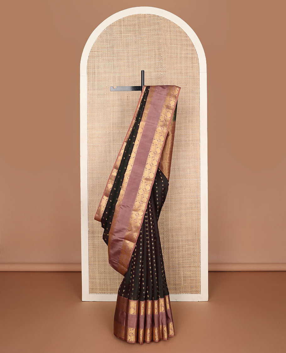 Black zari buttas vasundhara elite silk saree, contrast rettai pettu zari border of mayil chakram design & pallu of butta enclosed checks