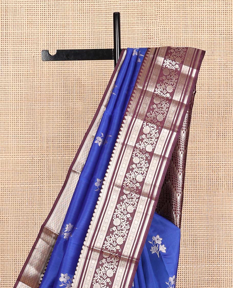 Blue floral buttas Vasundhara silk mix saree, contrast border of thilakam,banaras,muthu,kamalam,jada nagam & kodi visiry & chevron pallu