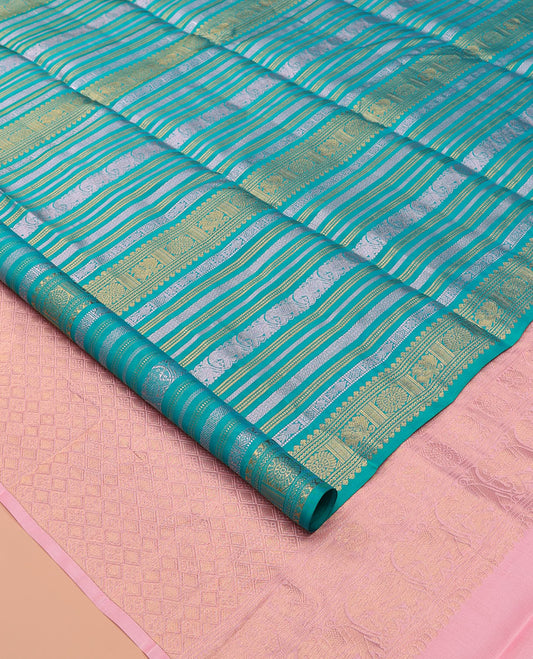 Blue Traditional Designs Vasundhara Lite Silk Mix Saree, a Annam-Chakram Border, Contrast Jaal Pallu, a Contrast Blouse