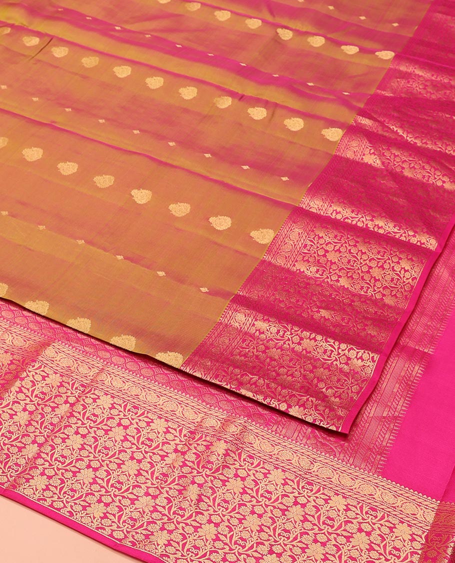 Orange Vasundhara Lite-Silk Mix Saree, Gleamed Up with Zari Buttas All Over Its Body, Complemented by a Contrast Border of Rekku, Muthu, Puli Nagam, Kodivisiry, and Floral Jaal Designs, Grand Pallu, and Paired with a Contrast Blouse