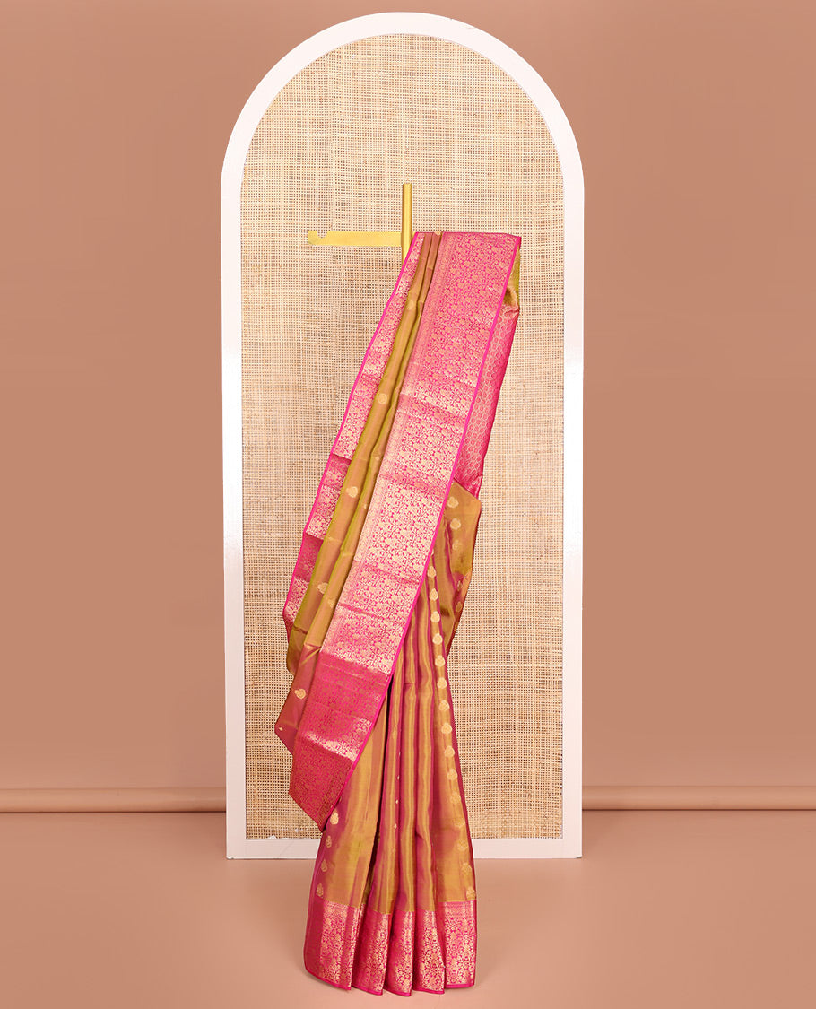 Orange Vasundhara Lite-Silk Mix Saree, Gleamed Up with Zari Buttas All Over Its Body, Complemented by a Contrast Border of Rekku, Muthu, Puli Nagam, Kodivisiry, and Floral Jaal Designs, Grand Pallu, and Paired with a Contrast Blouse