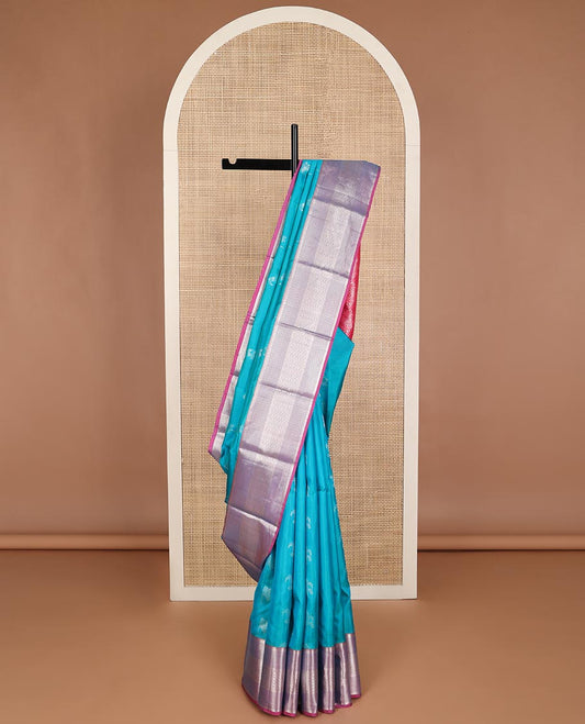 Blue buttas vasundhara silk mix saree with contrast zari design border & intricate zari design pallu