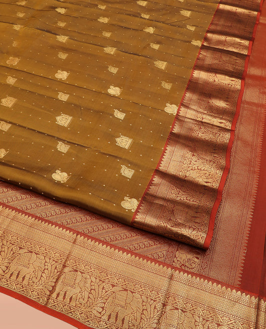 Mustard Vasundhara Lite Silk Mix Saree, Prettified with Zari Buttas All Over Its Body, Complemented by Contrast Border of Rekku, Muthu, Banaras, Mayil Kann, and Yaanai Designs, Grandly Woven Pallu of Diagonal Designs, and Paired with a Contrast Blouse