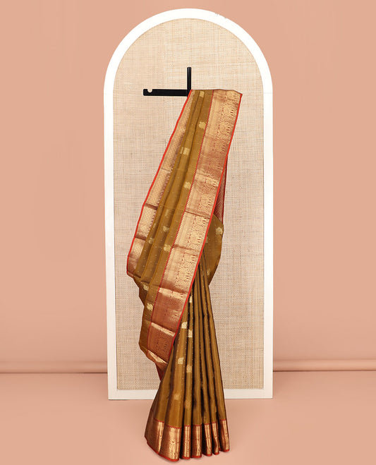 Mustard Vasundhara Lite Silk Mix Saree, Prettified with Zari Buttas All Over Its Body, Complemented by Contrast Border of Rekku, Muthu, Banaras, Mayil Kann, and Yaanai Designs, Grandly Woven Pallu of Diagonal Designs, and Paired with a Contrast Blouse